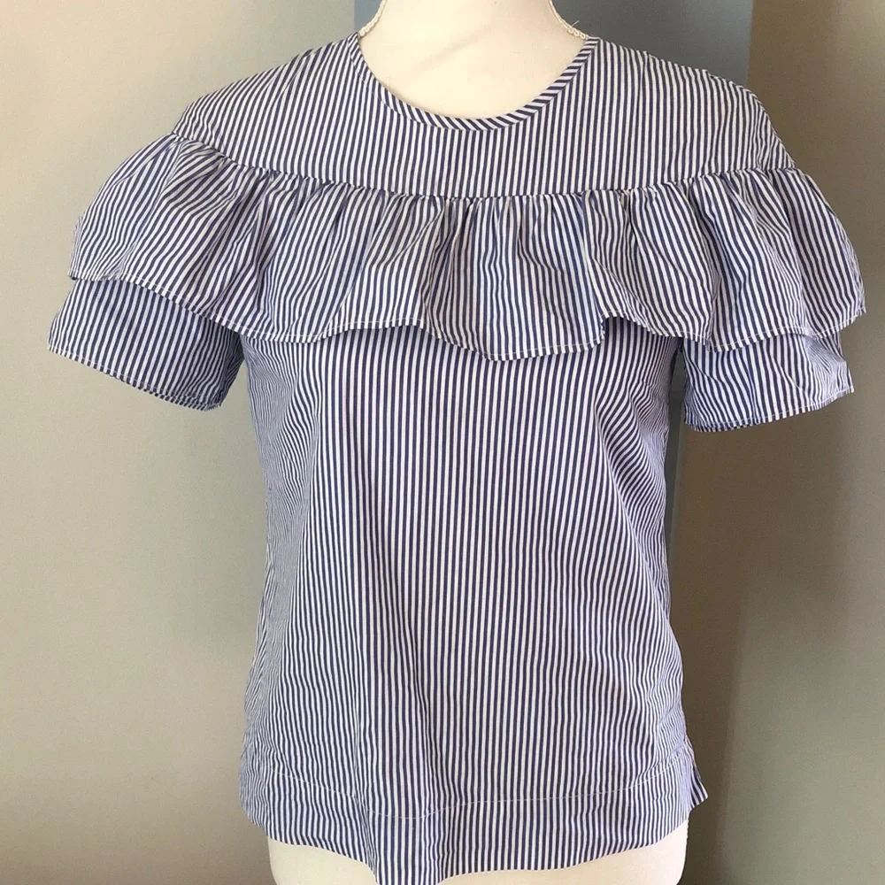 J. Crew Blue and White Striped Ruffle Yoke Top